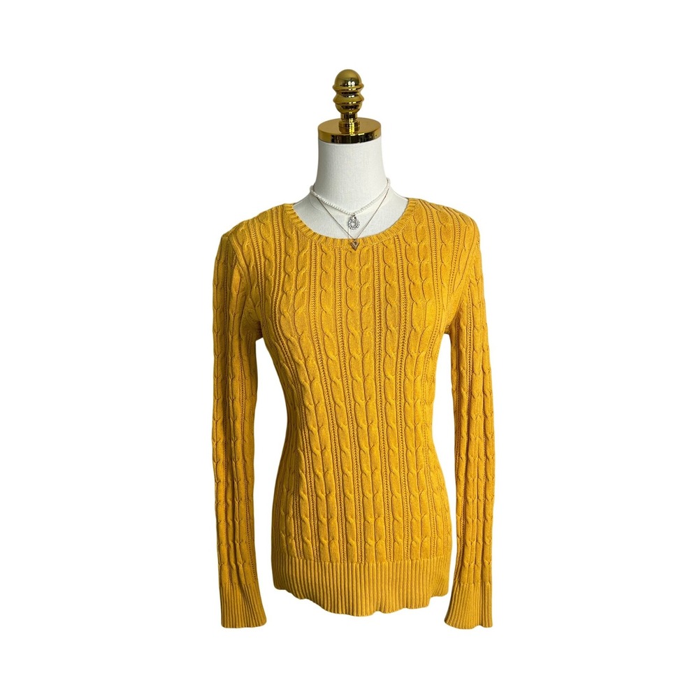 St Johns Bay Womens Mustard Yellow Cable Knit Crew Neck Sweater Size Small